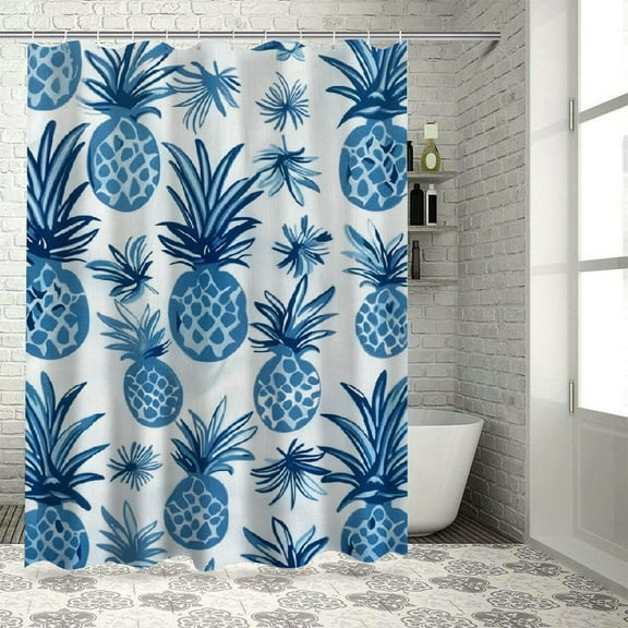 Shiartex  Pineapple Shower Curtain, Island Themed Minimalistic Tropic Fruity Pineapple Printed Vintage, Cloth Fabric Bathroom Decor Set with Hooks，Soft Blue Cadet Blue White