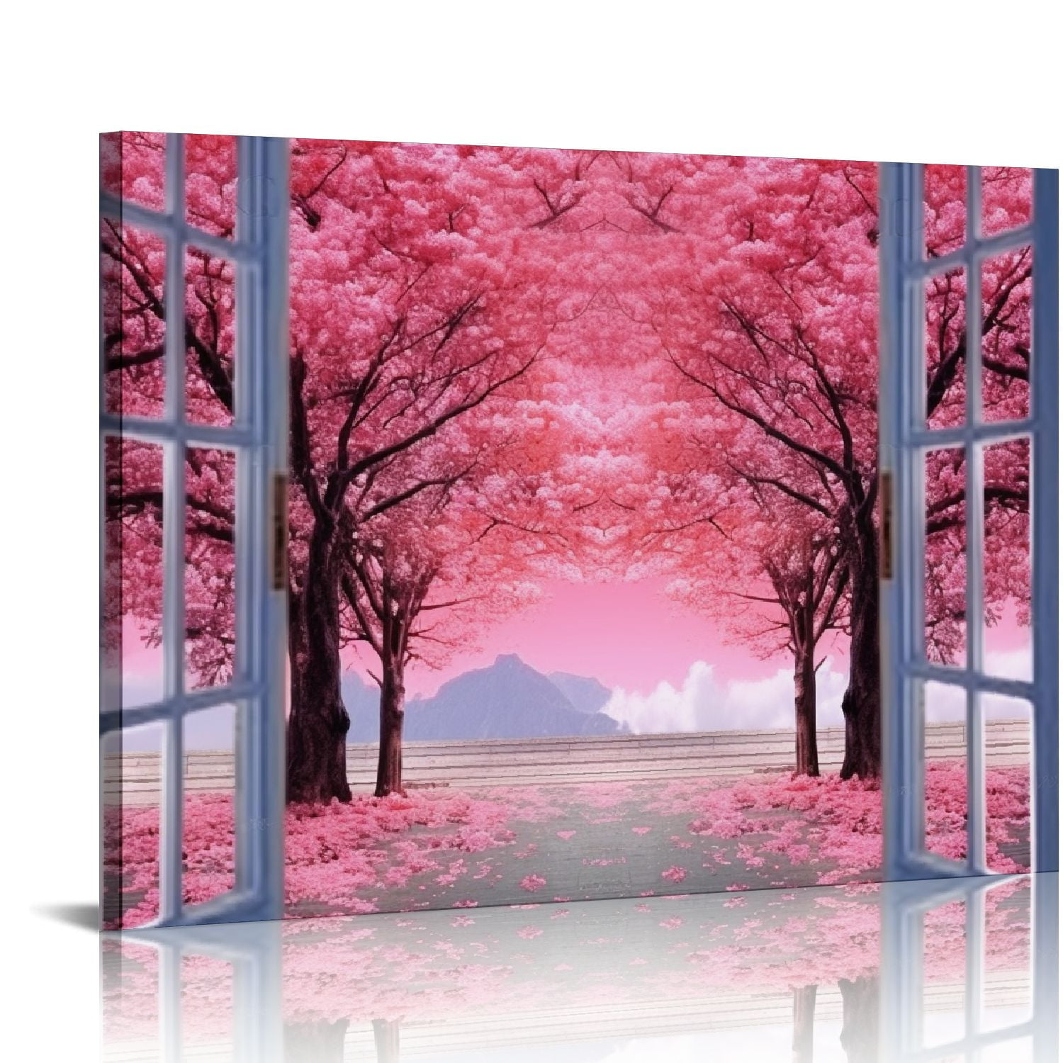 Shiartex Pink Cherry Blossom Wall Art Window View of Flowers Path ...