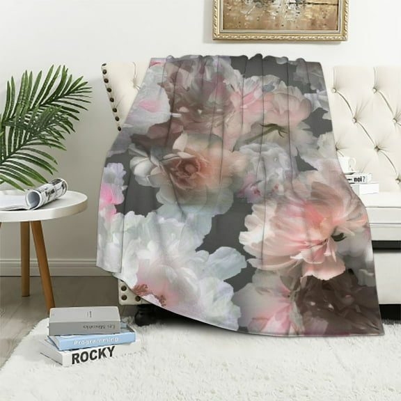 Shiartex Pink Floral Blanket Gifts for Women Girls Grey White Peony Flower Blossom Throw Blankets for Bed Room Couch Soft Lightweight Warm Cozy Decor Lush Flowers Abstract Art Throws 40x50in