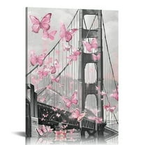 Shiartex  Pink and Grey Canvas Wall Art for Living Room Bedroom Bathroom Girls Pink Paris Theme Room Decor Golden Gate Bridge with Butterfly Painting Wall Decor 16x20 in/12x16 in