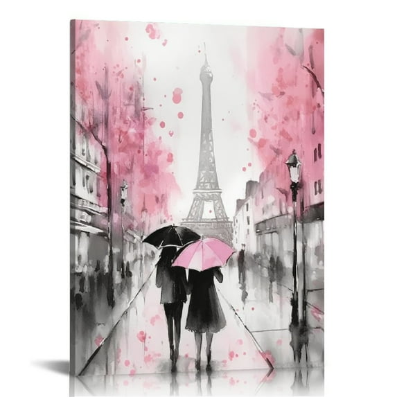 Shiartex Pink Paris Eiffel Tower Street Scenery Wall Art for Girls Bedroom Decor Lovers Holding Umbrellas Canvas Painting Valentine's Day Theme Room Ready to Hang 16x20 in/12x16 in