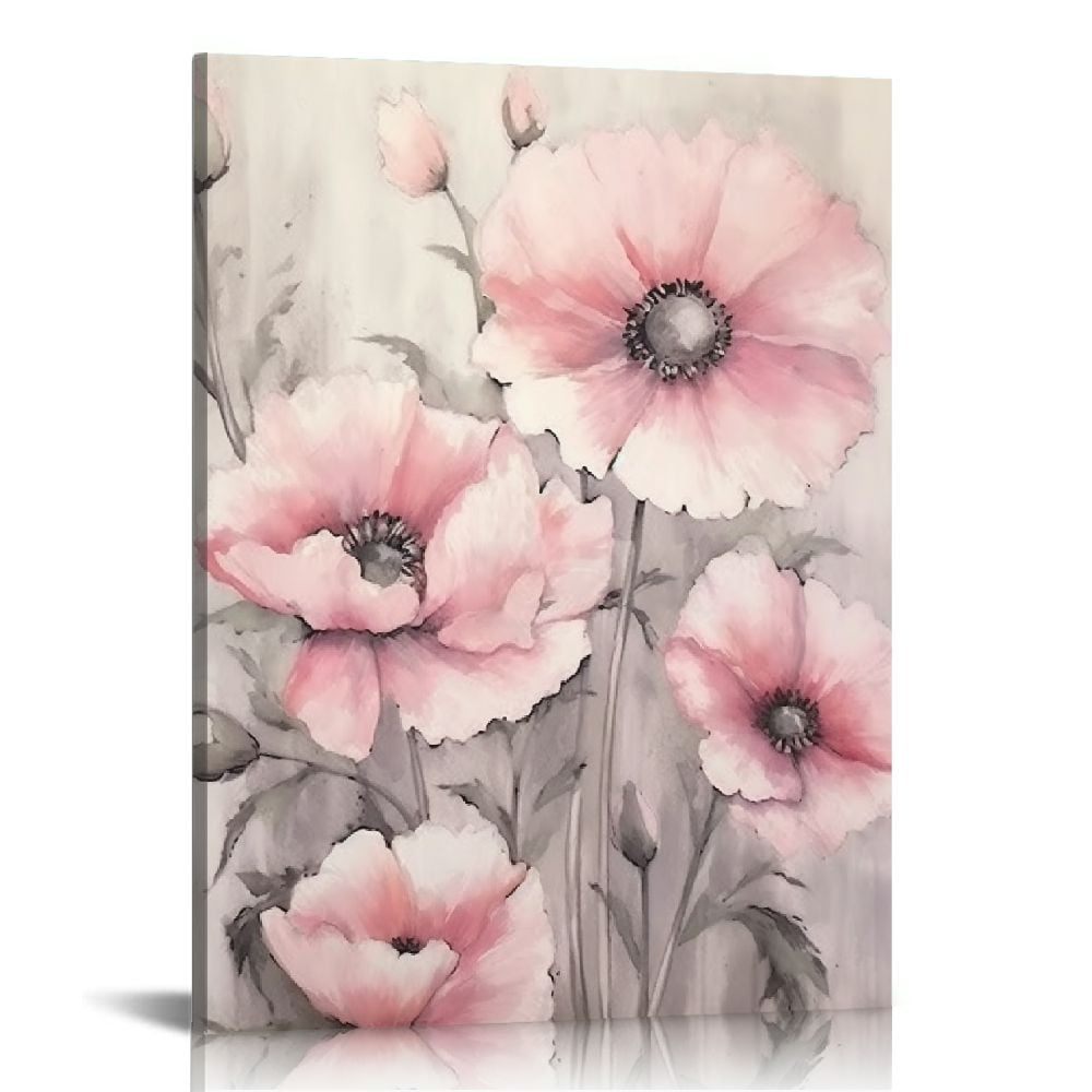 Shiartex Pink Wall Art Flowers Canvas Prints Floral Pictures Gray ...