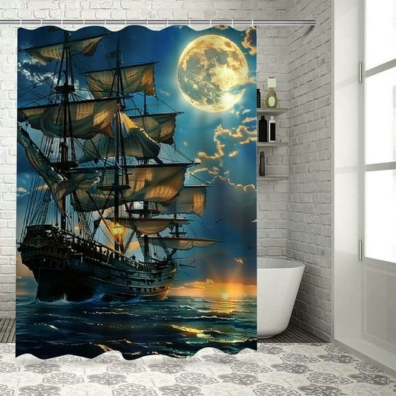 Shiartex Pirate Ship Shower Curtain Nautical Vintage Ghost Sailboat Sailing Fantasy Ocean Full Moon Adventure Themed Polyester Curtains Bathroom Decor with Hooks 69x72