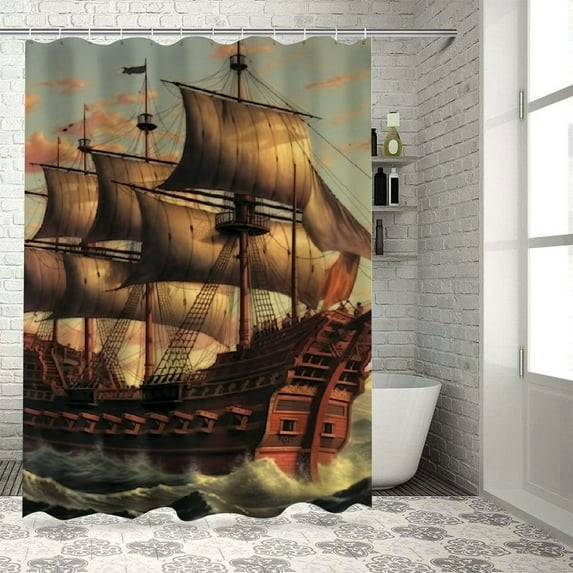 Shiartex Pirate Ship Shower Curtain Vintage Nautical Sailboat Sailing Sea Adventure Seascape Coastal Fabric Bathroom Decor Set with Hooks 69x72