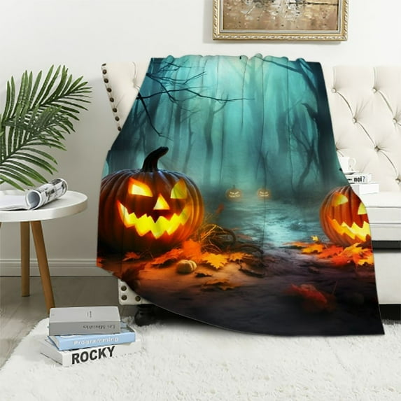 Shiartex Pumpkins Woods Glowing Light Throw Blanket for Couch Sofa Bed Office Travel Camping School Flannel Blanket Exquisite Gifts for All Seasons Halloween Blanket Gifts 40x50in