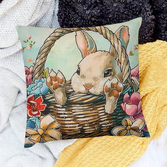 Shiartex Rabbit Flowers Basket Pillow Covers Set for Home Sofa Couch Decor, 100% Linen, Set of 1, Soft & Skin-Friendly 20x20in