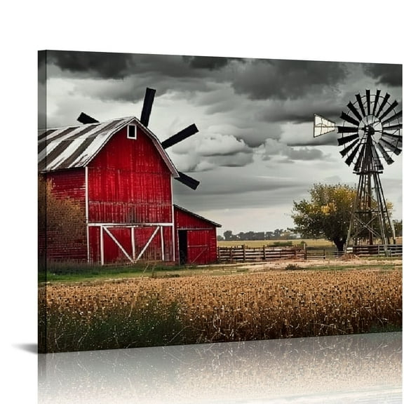 Shiartex Red Barn Wall Art Windmill Wall Decor Black and White Country Old Barn Canvas Pictures Kitchen Vintage Rustic Farm Landscape Painting Nature Artworks for Living Room Home Decor 20x16in