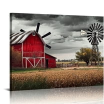 Shiartex Red Barn Wall Art Windmill Wall Decor Black and White Country Old Barn Canvas Pictures Kitchen Vintage Rustic Farm Landscape Painting Nature Artworks for Living Room Home Decor 20x16in