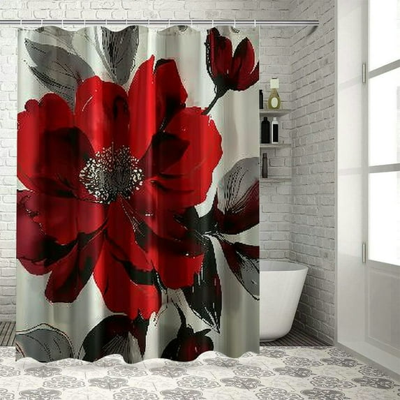 Shiartex Red Floral Shower Curtain,Sage Green Eucalyptus Leaves Bathroom Shower Curtains,Watercolor Flower Shower Curtain Sets,Modern Pretty Waterproof Fabric Bath Curtain with White