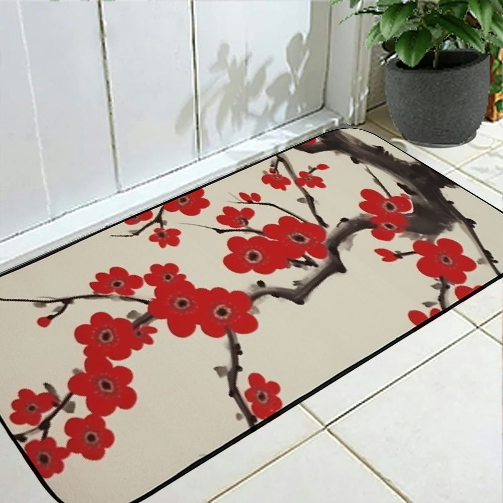 Shiartex Red Flowers Branch Mats for Floor Comfort Kitchen Square ...