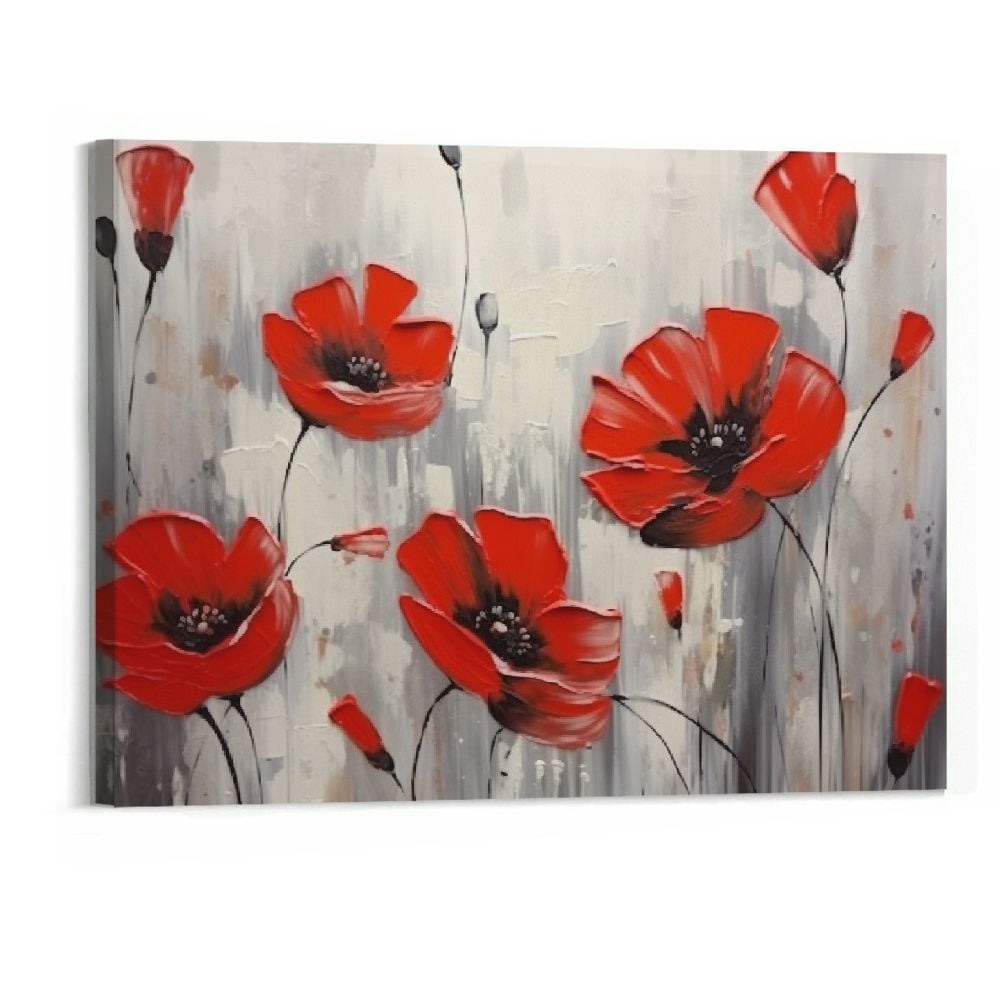 Shiartex Red Poppies Wall Art Modern Floral Red Poppy Flower on Grey ...