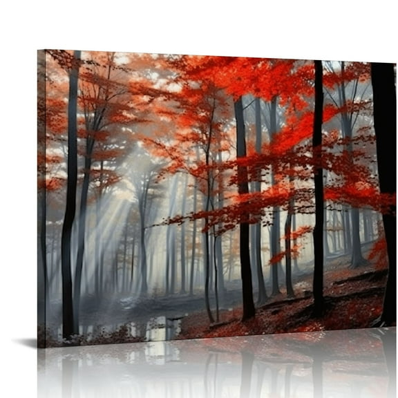 Shiartex Red Tree Canvas Wall Art, Nature Forest Wall Decor Sunlight Fall Leaf Landscape Prints Picture Art for Living Room Home Decoration Modern Silent Tree Scenery Painting Artwork 20x16 /16x12 in