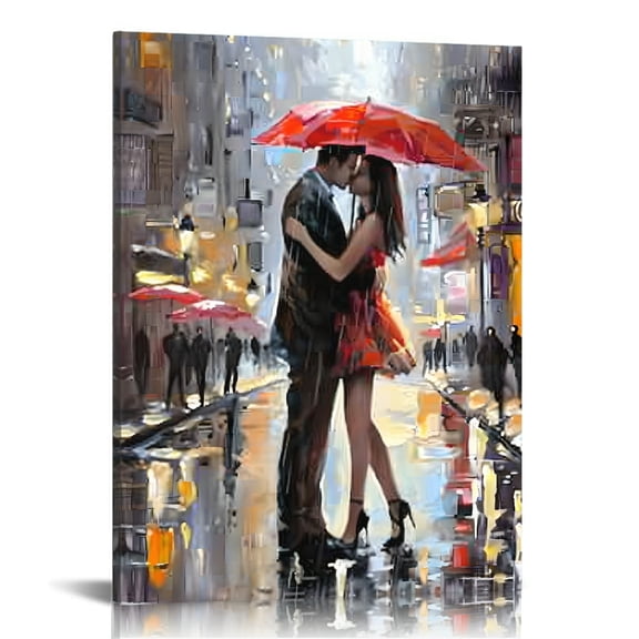 Shiartex Romantic Couple Kissing in Rain Canvas Print Wall Art 12x16in