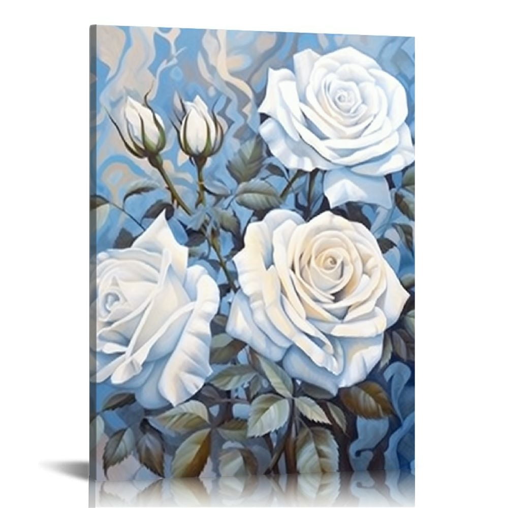 Shiartex Rose Flower Picture Canvas Wall Art White Floral Blue Theme ...