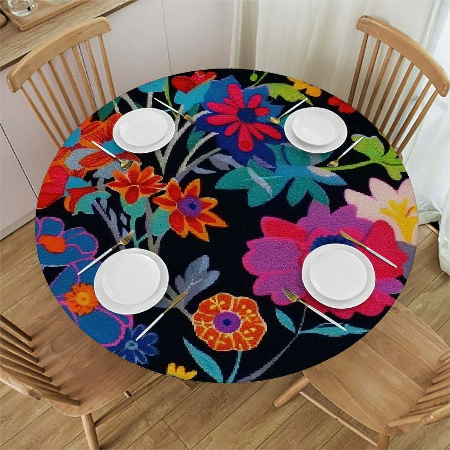 Shiartex Round Elastic Table Cover with Elastic Edge Flower Floral