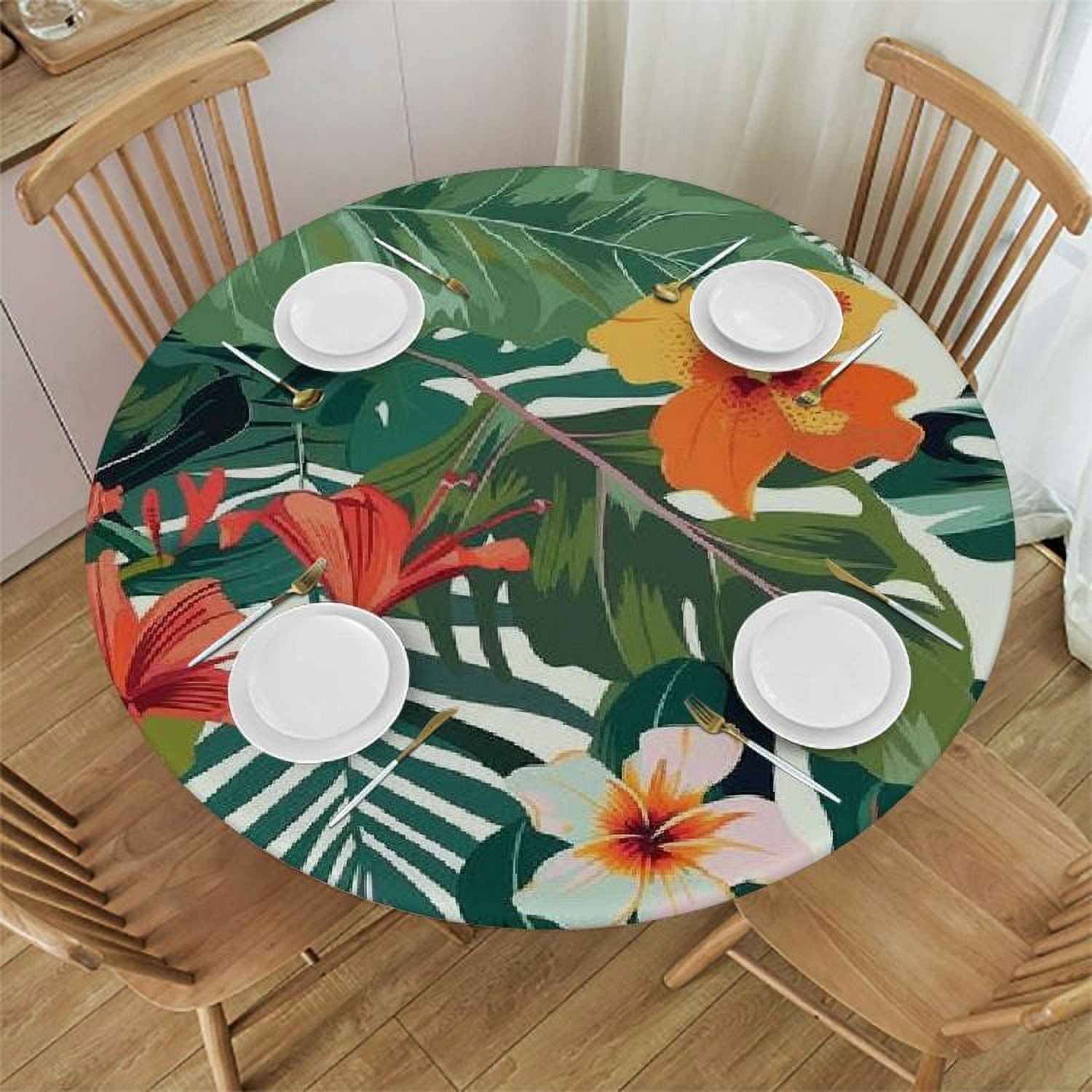 Shiartex Round Fitted Tablecloth with Elastic Tropical Palm Leaves