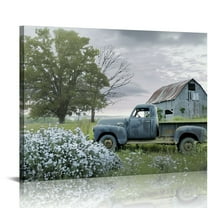 Shiartex Rustic Barn Pictures Wall Art, Old Truck Canvas Print for Farmhouse Wall Decor, Modern Vintage Car Wall Art, White Barn & Blue Truck Painting Artwork for Home - Farm Wall Decor 20x16in