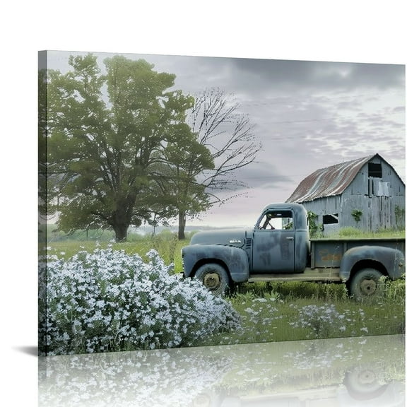 Shiartex Rustic Barn Pictures Wall Art, Old Truck Canvas Print for Farmhouse Wall Decor, Modern Vintage Car Wall Art, White Barn &amp; Blue Truck Painting Artwork for Home - Farm Wall Decor 20x16in