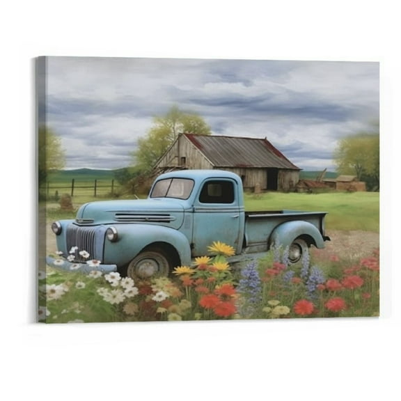 Shiartex Rustic Blue Truck Wall Art Farmhouse Old Truck Barn Pictures Wall Decor Vintage Country Landscape Canvas Print Painting Framed Modern Home Artwork Decorations For Bedroom Office 20x16 Inch