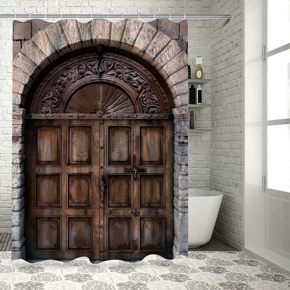 Shiartex  Rustic Shower Curtain, Arched Wooden Venetian Door with Eastern Royal Ottoman Elements European Culture, Cloth Fabric Bathroom Decor Set with Hooks, Brown Cream White