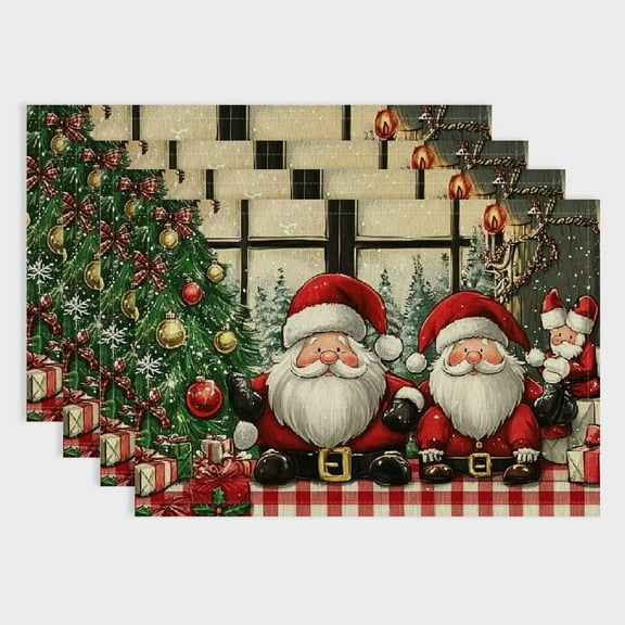 Shiartex Santa Claus Christmas Tree Checkered Tablecloth Placemat Set - 4pcs Linen Table Mat for Birthday Parties, Restaurants, Buffets & Home Decor 18x12in