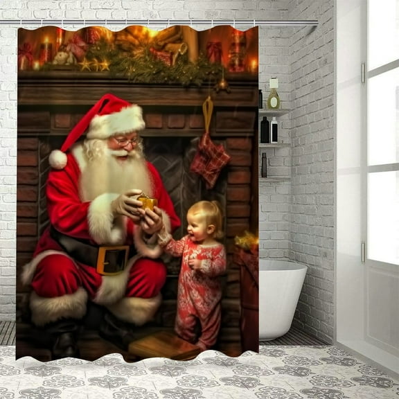 Shiartex Santa Clause Printed Shower Curtain 100% Polyester Fiber Bathroom Decoration with Hooks 36x72