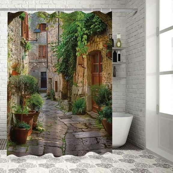 Shiartex  Scenery Shower Curtain, Landscape from Another Door Antique Style Stone Village Tuscany Italian Valley, Cloth Fabric Bathroom Decor Set with Hooks, Pale Brown White