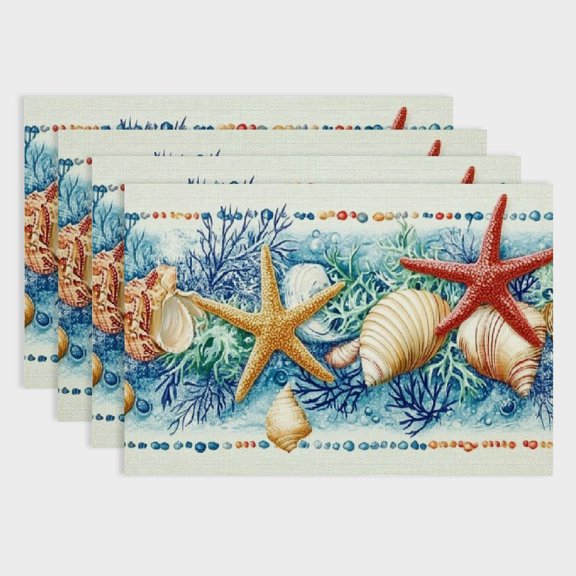 Shiartex Sea Shells Starfish Border Linen Dining Table Placemats Set of 4 for Birthday Parties, Christmas, Restaurants, and Buffets - Home Decoration 18x12in