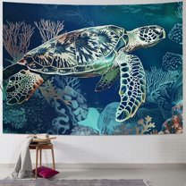 Shiartex Sea Turtle Wall Tapestry Vintage Ocean Animal Seaworld Nautical Deep Water Emerald Green Brown Decorative Backdrop Bedroom Living Room Couch Club One Piece Hanging Tapestries  40x30inch
