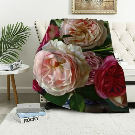 Shiartex  Shabby Chic Floral Flannel Material Blanket - Soft and Durable, Versatile for Home and Outdoor Use White