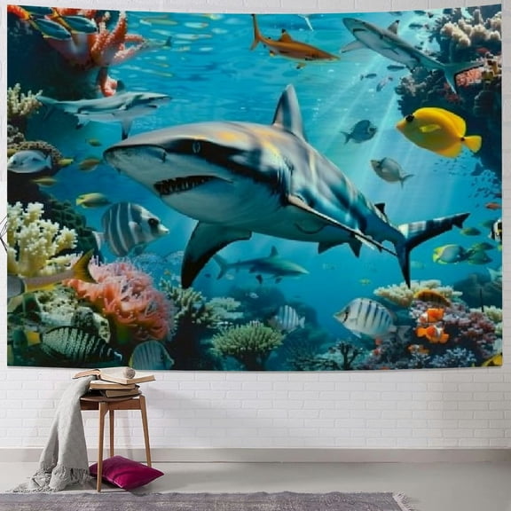 Shiartex  Shark Tapestry Tropical Fish Undersea World Tapestry Wall Hanging Ocean Animals Tapestries for Bedroom Living Room Dorm Party Decor, Painting 40x30inch