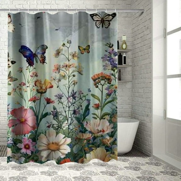Shiartex Shower Curtain, Fabric Shower Curtain Colored Flowers Shower Curtain for Home Hotels Shower Curtains for Bathroom, Waterproof Shower Curtain Liners White