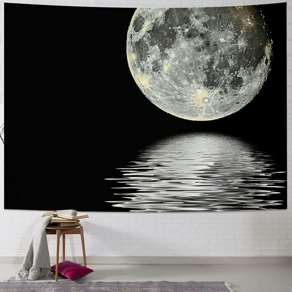 Shiartex  Small Full Moon Over Ocean Tapestry Wall Hanging, Starry Night Sky Wall Tapestry, 3D Fantasy Black and White Moon Wall Art for Bedroom Living Room Dorm Home Decor Painting
