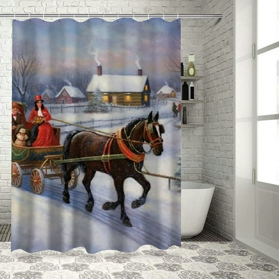 Shiartex Snow Horse Carriage Printed Shower Curtain 100% Polyester Washable Bathroom Decoration with Hooks 36x72