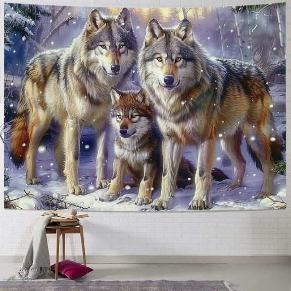 Shiartex  Snow Wolf Tapestry Pink Family Wolves Tapestry Wall Hanging Wild Animal Tapestries for Bedroom Living Room Dorm Decor 40x30inch