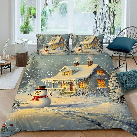 Shiartex Snowman Winter Landscape 3-Piece Bedding Set Modern Soft Bedroom Decor for All Seasons, Easy to Clean, Christmas Gift 87x68in