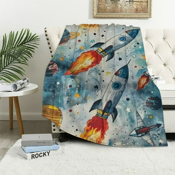 Shiartex  Space Throw Blankets for Kids, Soft Space Planets Blanket, Cozy Flannel Outer Space Blankets, Fluffy Fuzzy Rocket Astronaut Galaxy Universe Blanket for Toddler Childs Boys Sofa, White