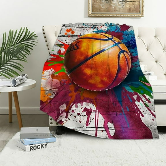 Shiartex Sports Basketball Throw Blanket,Watercolor Rainbow Tie Dye Flannel Blanket for Kids Adults Men,White Brick Wall Design Warm Cozy Polyester Bed Blanket for Couch Office
