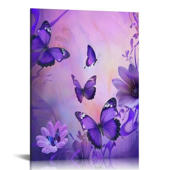 Shiartex Spring Summer Butterfly Purple Flowers Canvas Wall Art Butterflies Prints Home Decor Picture for Bedroom Bathroom Kitchen Office 16x20 in/12x16 in