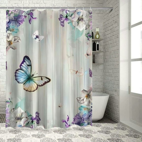 Shiartex Spring Watercolor Butterfly Girl Shower Curtain Lavender Pink Floral Lilac Purple Blue Butterfies Cherry Blossom Bathroom Decor Polyester Waterproof Fabric with 36x72