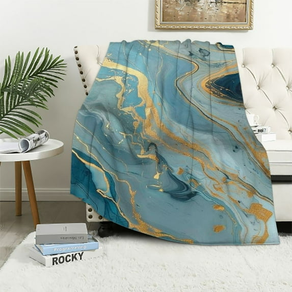 Shiartex Summer Throw Blanket Turquoise Teal Blue Gold Marble Textured Throw Blankets Flannel Blanket Abstract Modern Blanket Home Decor for Bed Couch Chair Living Room for Adult Kid Birthday