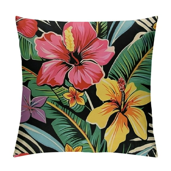 Shiartex Summer Vibes Only Hibiscus Flower Decorative Throw Pillow Covers, It's Sunny Day Tropical Floral Black Porch Outdoor Home Decor, Hawaii Palm Leaves Seasonal Couch Cushion Case 24x24in