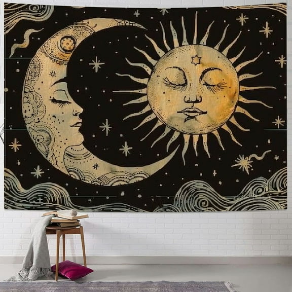 Shiartex  Sun and Moon Tapestry, Aesthetic Black Dark Spiritual Tapestries Mystic Burning Sun with Clouds Star Wall Hanging decor for Bedroom 60x50inch