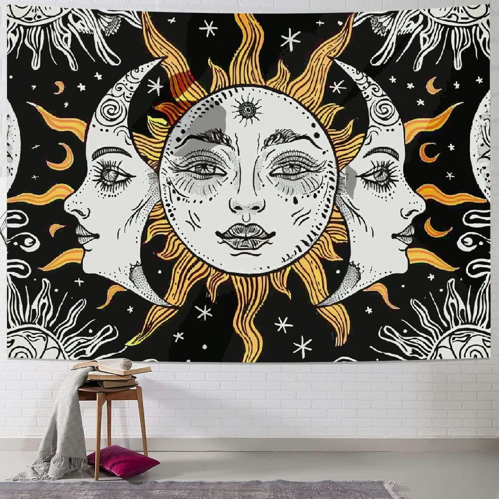 Hihealer Sun Moon Tapestry Wall Hanging Stars Space Psychedelic Black And White Wall Tapestry For Bedroom Home Wall Décor (51.2x59.1 Inches, 130x150 Cm