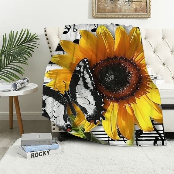 Shiartex Sunflower Butterfly Music Notes Gifts Blanket Super Soft Flannel Blanket for Bed Sofa Living Room Decor All Seasons Super Soft Blanket 60x80in