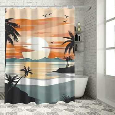 Shiartex Sunset Palm Trees Printed Shower Curtain with Hooks, Easy Care 100% Polyester Fabric Bath Curtain Set for Bathroom Decoration 36x72
