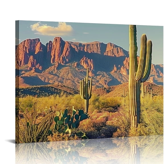 Shiartex Superstition Mountains Sunset Wall Art Arizona Western Desert Cactus Paintings Canvas Art Saguaros Landscape on Canvas for Living Room 20x16in