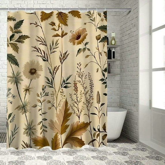 Shiartex Tan Shower Curtain, Romantic Boho Nostalgic Minimalistic Monochromatic Wild Flowers Painting Print, Cloth Fabric Bathroom Decor Set with Hooks, Ecru Sepia Almond