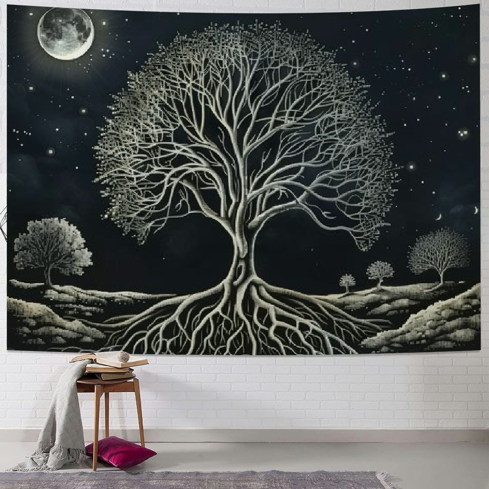 Hihealer Sun Moon Tapestry Wall Hanging Stars Space Psychedelic Black And White Wall Tapestry For Bedroom Home Wall Décor (51.2x59.1 Inches, 130x150 Cm