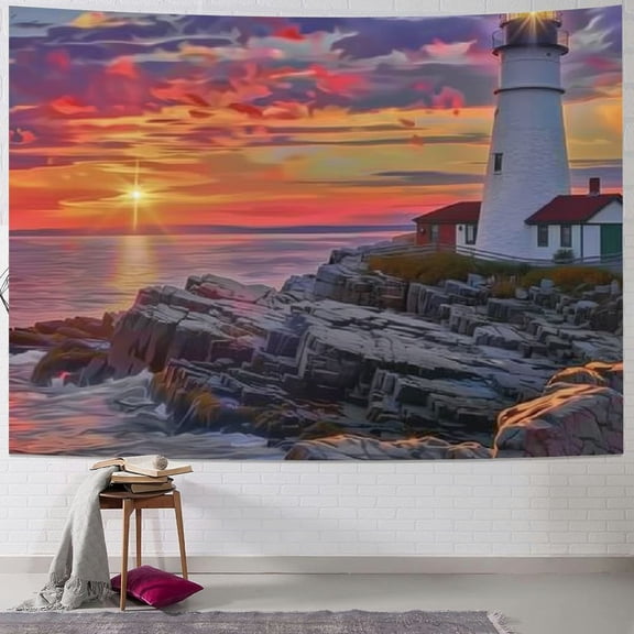 Shiartex Tapestry Wall Hanging, Wall Tapestry Aesthetic, Wall Art Home Decoration, Lighthouse Sunrise Seaside Painting